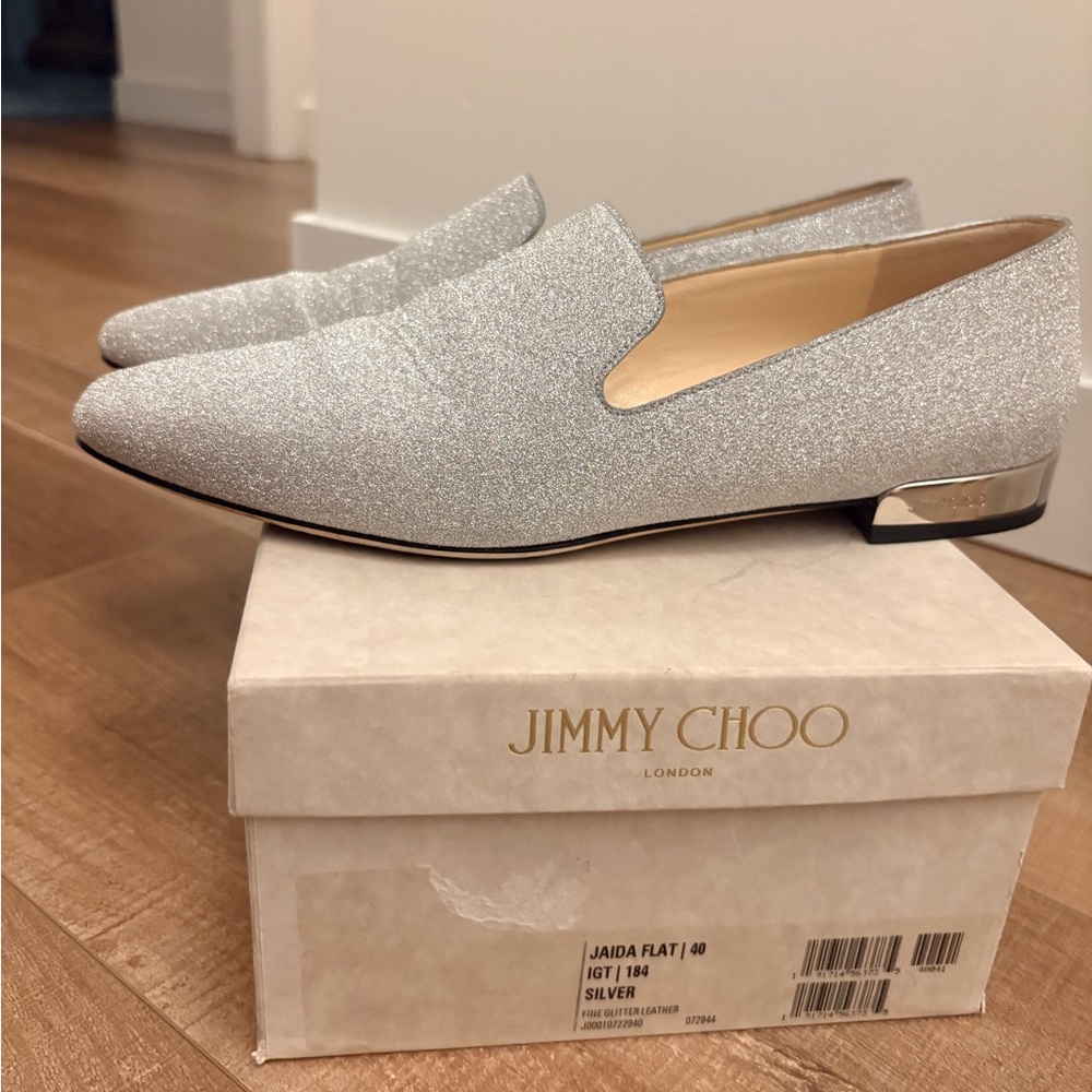 Jimmy Choo Glittering Silver Loafers